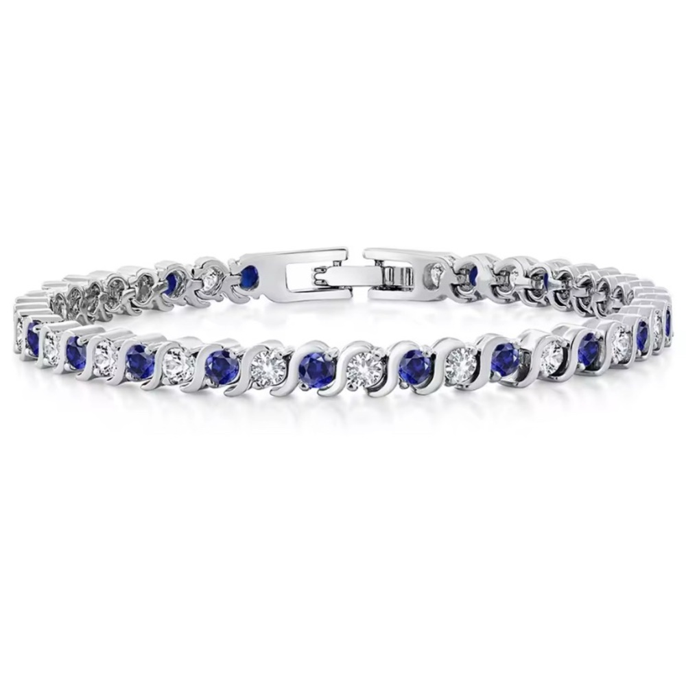 7CT Natural Sapphire & Lab Created Diamond 925 Sterling Silver Tennis Bracelet